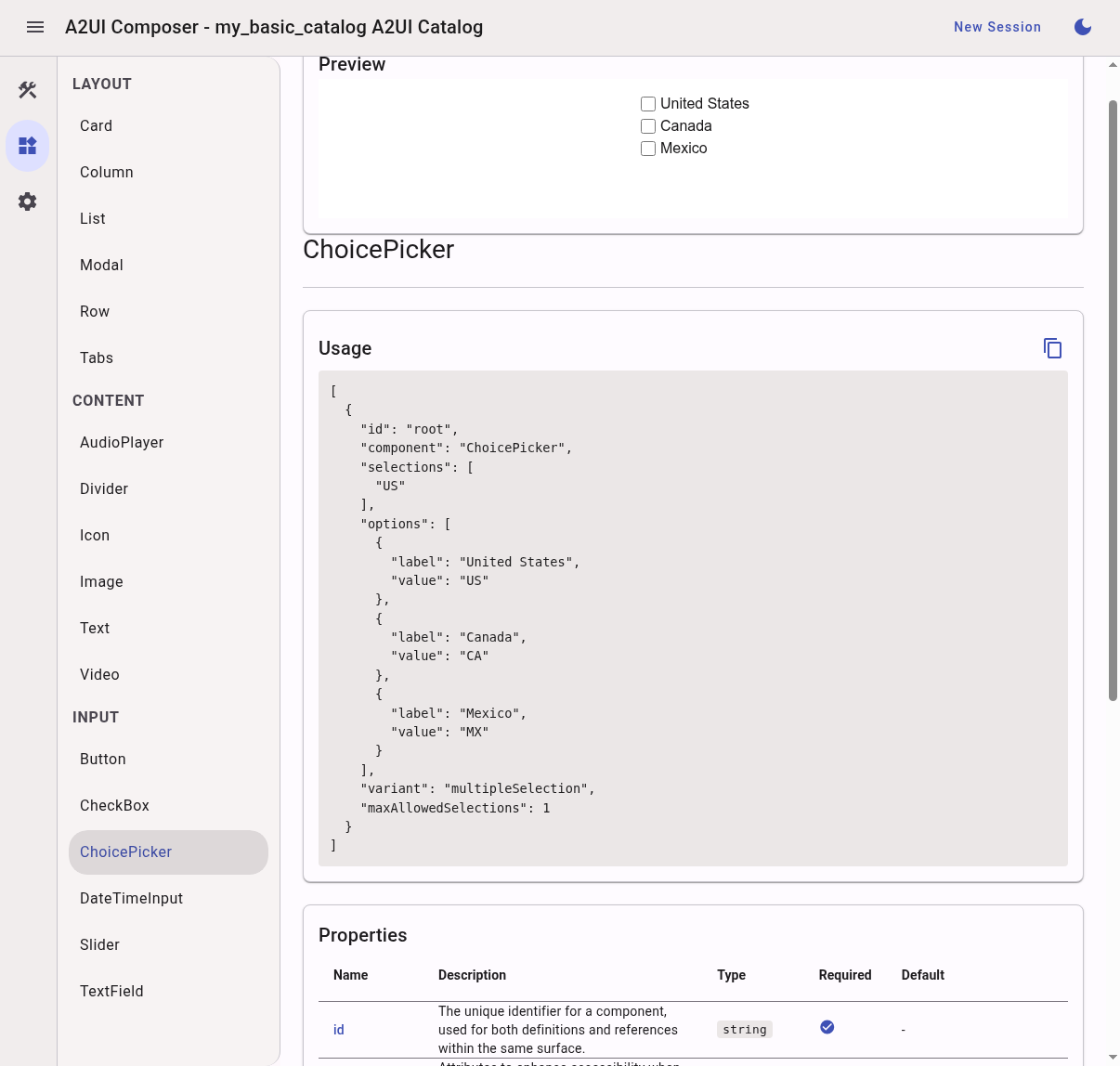 screenshot of a component with A2UI usage and properties