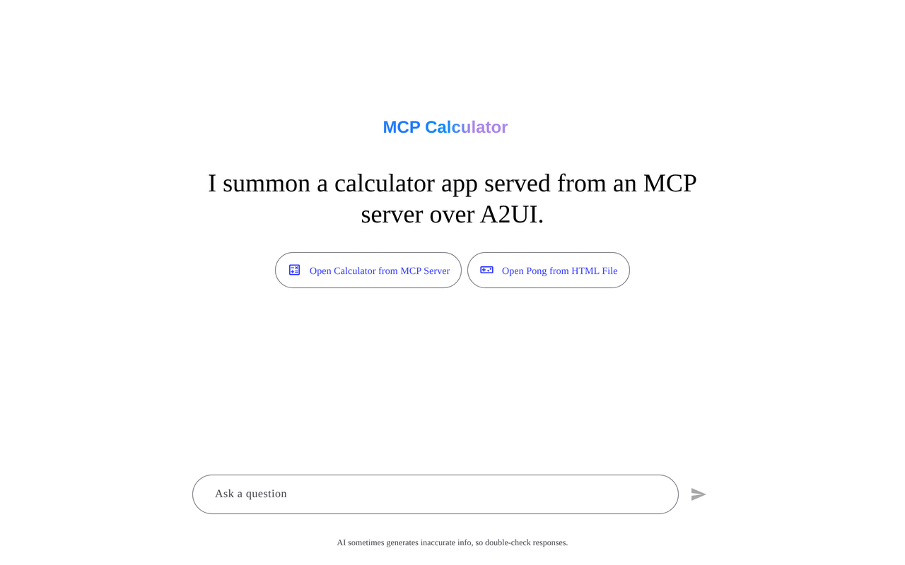 MCP Calculator demo — loading the app, opening the calculator, and chatting with the agent