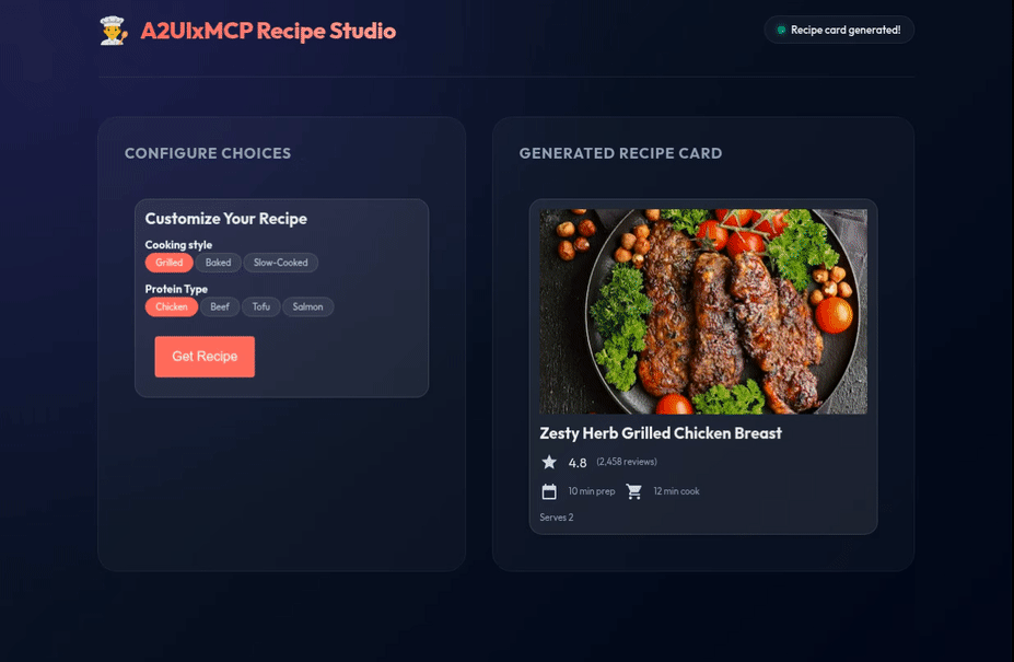 Dynamic Recipe Studio demo showing selection form on the left and dynamic recipe card generation on the right